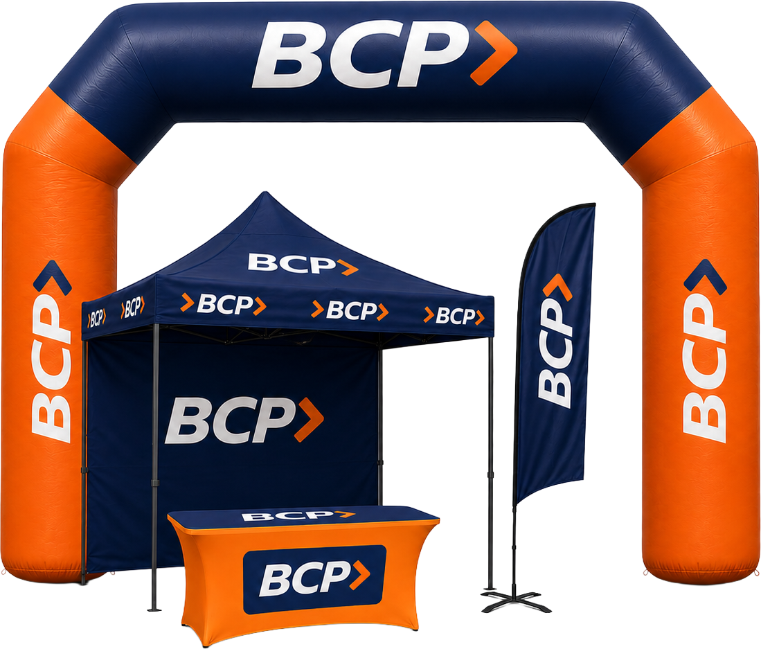 Toldo plegable y sombrillas publicitarias personalizadas BCP