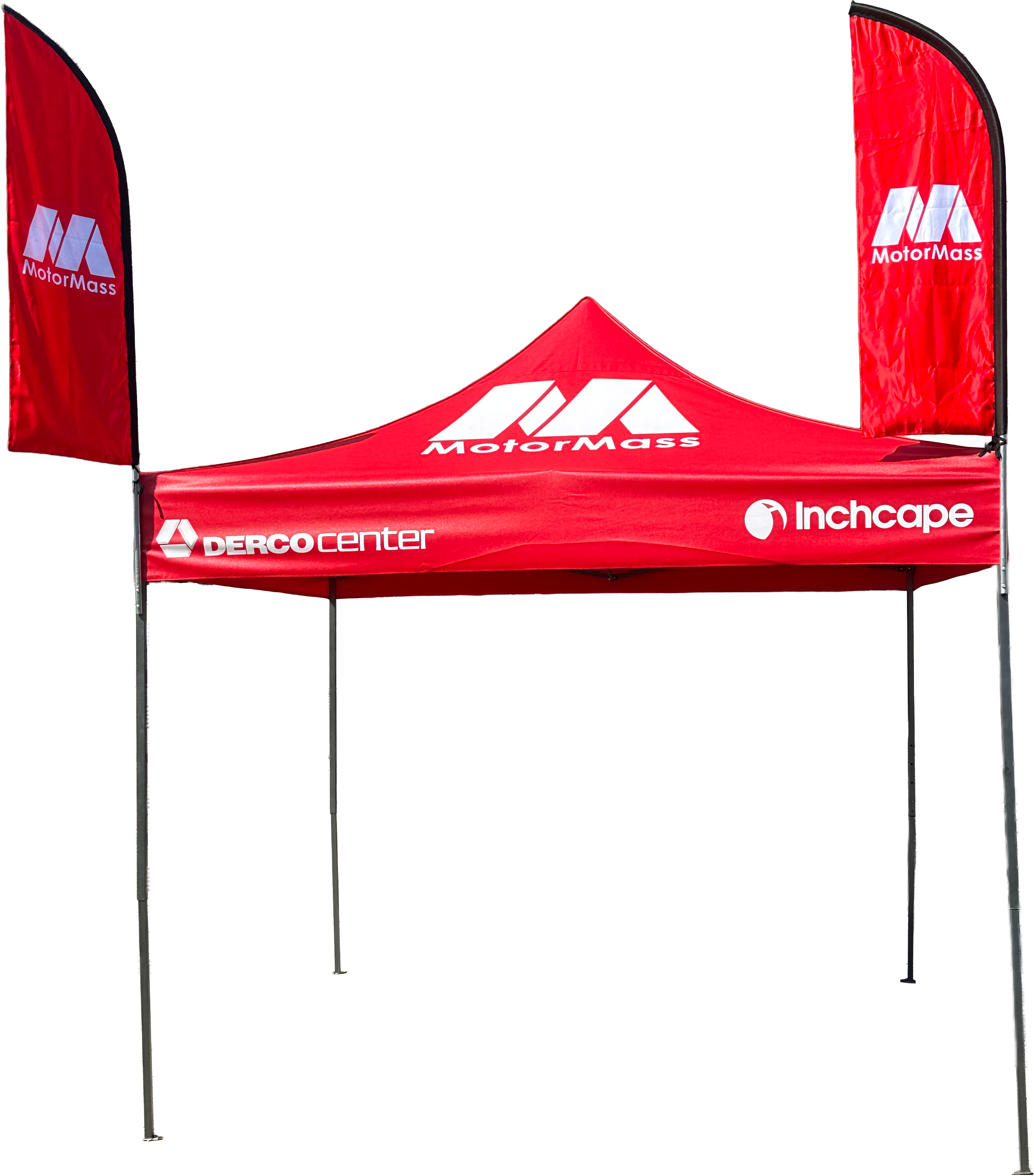 Toldo MotorMass con plumas publicitarias