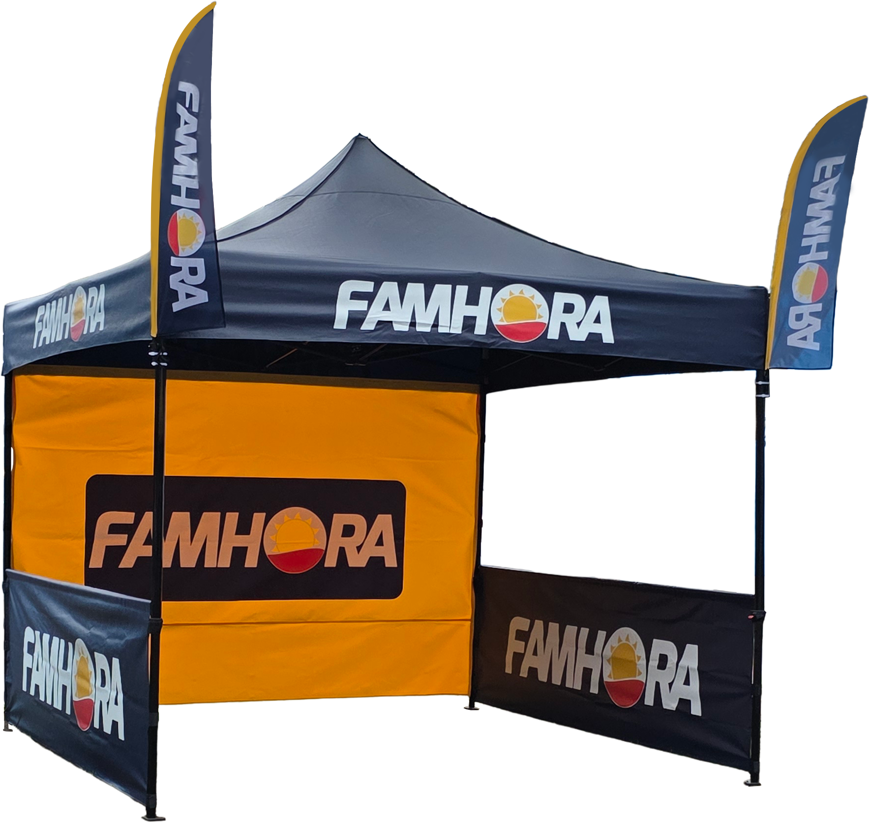 Stand publicitario Famhora con toldo, paredes y banderolas
